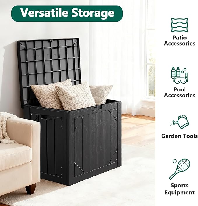 Outdoor Storage Box,30 Gallon Deck Box Outdoor Storage Bench Outside Waterproof Resin Storage Bench, Lockable Patio Cushions, Garden Tools Storage For Furniture, UV Resistant(Black)