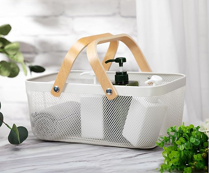 Cheardia 2 Pack Picnic Baskets, Metal Mesh Harvest Basket with Foldable Wooden Handle, Rectangle Garden Storage Basket Bin for Vegetable Fruit Garden Kitchen Cabinet Picking Gathering, White