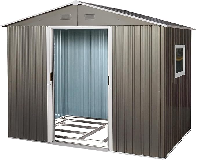 8FT x 6FT Outdoor Metal Storage Shed, Galvanized Steel Garden Shed with Lockable Sliding Door, Ventilated Tool Storage House with Foundation Kit, UV Resistant Backyard Shed forPatio Storage, Grey