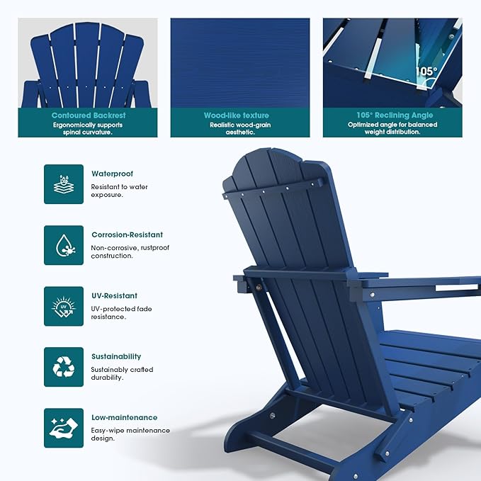 THOEOE Folding Adirondack Chair,HDPE All-Weather Outdoor Chair with Cup Holder,Wooden Textured,Fire Pit Chair,Plastic Patio Chair for Deck,Backyard,Garden,Lawn, Navy Blue