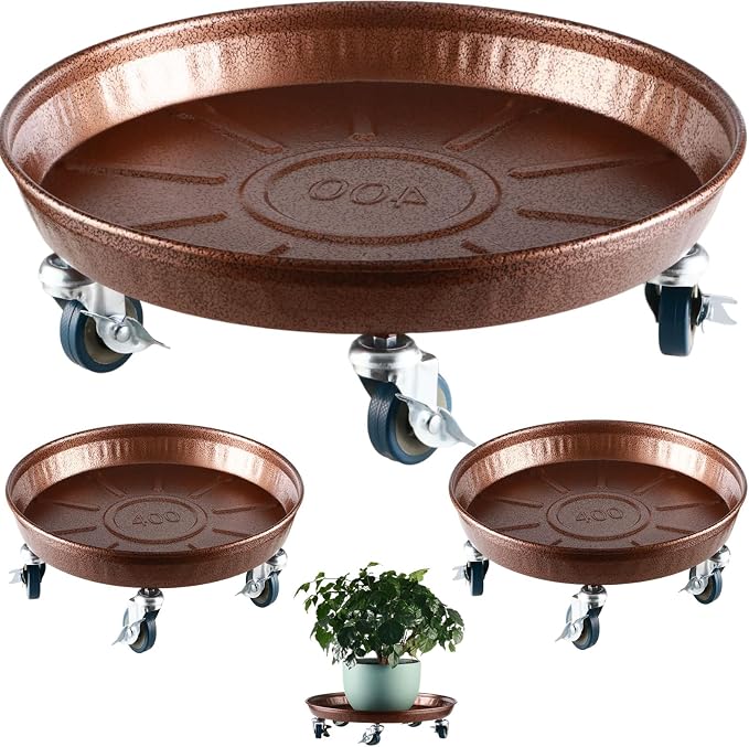 Planterhoma 3 Packs 16" Metal Plant Caddy with Wheels Extra-Large Rolling Plant Stand Heavy-Duty Plant Dolly with Casters Indoor Outdoor Wheeled Flower Pot Mover Rollers Garden Cart Trolley, Copper