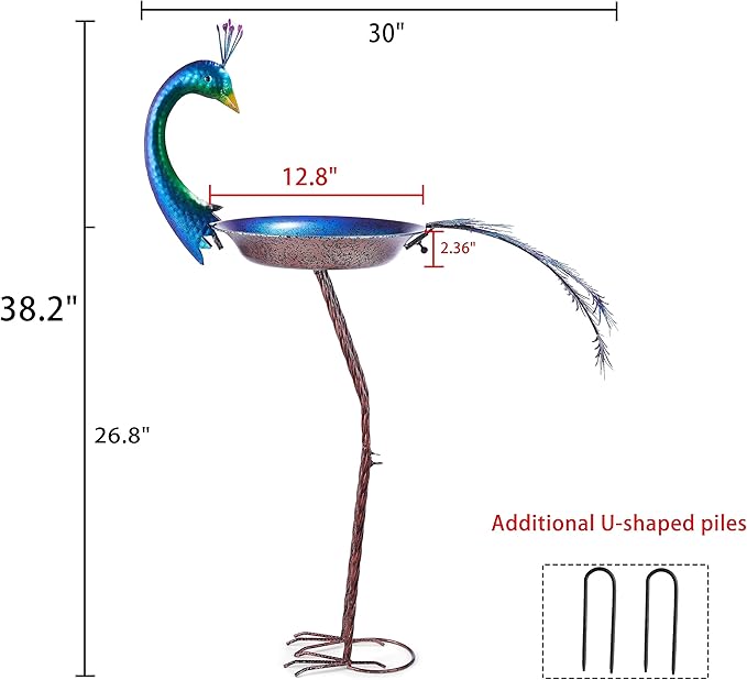HLQMFHT 12.8" W*38.2" H Peacock Bird Baths for Outdoor, Metal Bird Feeder Seed Trayr,Bird Bath Drinker Plate, Garden Lawn Yard Decor(Multicolor)