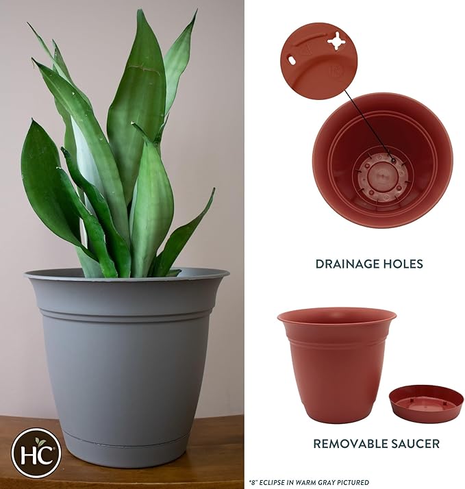 The HC Companies Eclipse Round Planter with Saucer - Outdoor & Indoor Plant Pot with Drainage Holes - Lightweight, UV-Resistant Plastic Pots for Plants, Flowers & Herbs (10" Clay, Pack of 1)