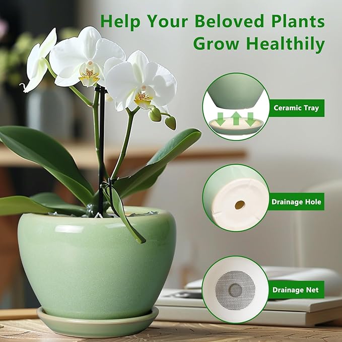 Ceramicfor 8 Inch Plant Pot - Ceramic Planter for Outdoor Plants Indoor Plant Pot with Drainage Hole and Saucer Mid-Century Round Planter Flower Pot for House Garden Green