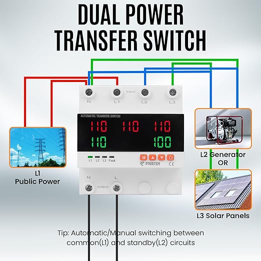 Automatic Transfer Switch 120V 240V 100Amp Transferencia Automática Adjustable Overcurrent Overvoltage Undervoltage Protection Voltage Cutoff for Power Generator Inverter RV(4P 100A)