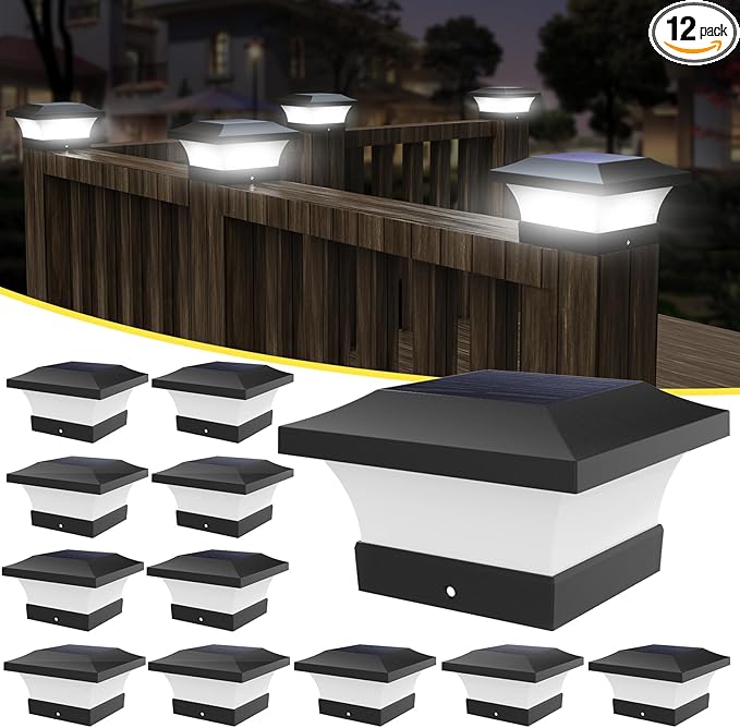 T-SUN Solar Post Lights, 12 Pack Waterproof Outdoor Solar Post Cap Lights for 4X4 Wooden Posts, 6000K Cool White LED Lighting, Deck, Patio Garden Decor or Fence