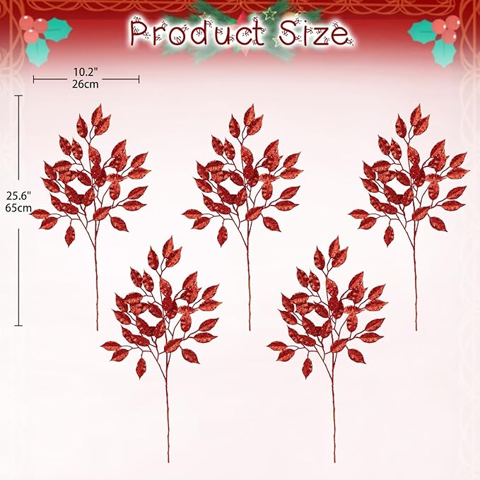 25.6" Christmas Red Glitter Leaves Stems, 5Pcs Artificial Leaf Spray Leaf Picks Tall for Christmas Tree DIY Xmas Wreath Garland Arrangment Vase Bouquets Table Centerpieces Decoration Home Decor