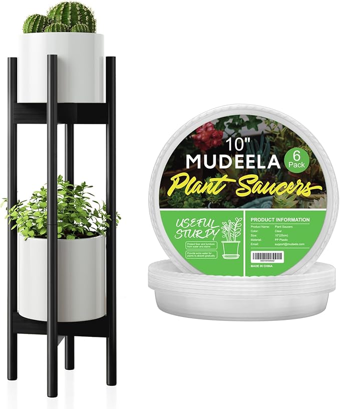 MUDEELA Plant Stand Black 2 Pack 2 Tier and 10" Plant Saucers 6 Pack
