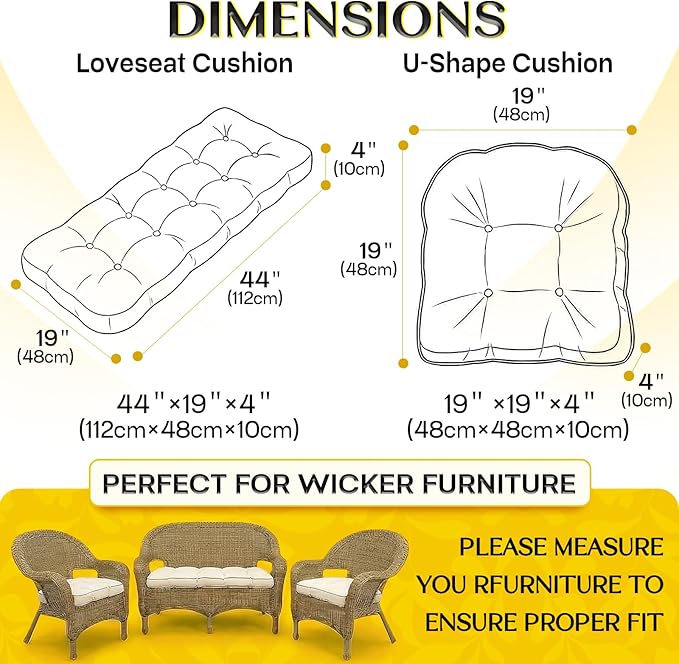 1 MIDDLE ONE Wicker Chair Cushions 3 Pieces Set for Outdoor Furniture, Replacement Patio Wicker Furniture Cushions, 1Pc Loveseat Cushion & 2Pcs Chair Cushions (Green Tulip)