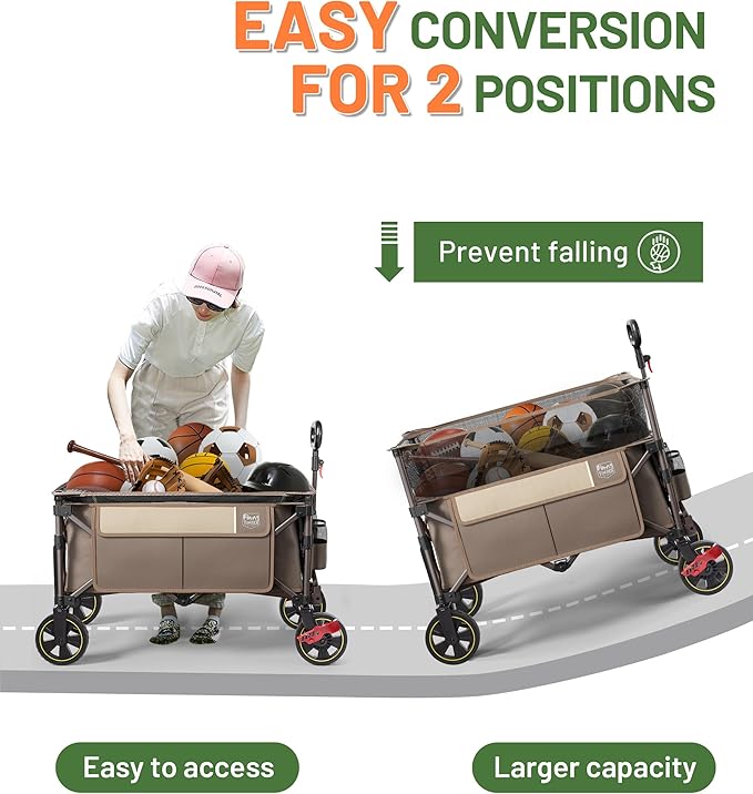 Timber Ridge 350L Extra Large Collapsible Folding Wagon Carts with Brake, Heavy Duty Outdoor Camping Utility Wagons with Extended Height, Adjustable Handle, Cup Holders, Side Bag(Tan)