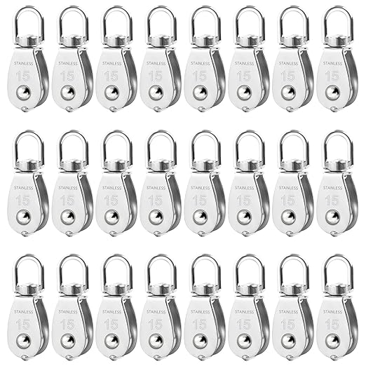 24 Pack M15 Single Pulley Block, 304 Stainless Steel Wire Rope Cable Pulley, Heavy Duty Swivel Pulley Wheel Hanging Wire Towing Wheel for Lifting, Pulleys for Rope