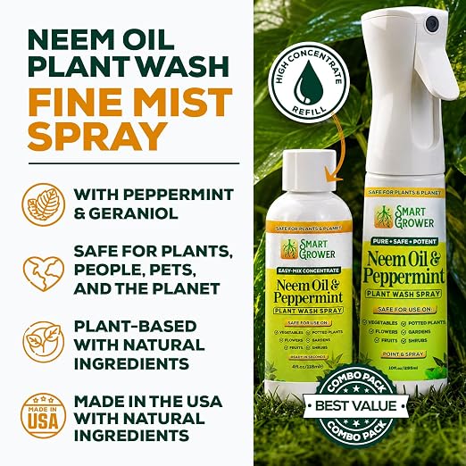 Neem Oil Spray for Plants with Peppermint Oil, Refillable Combo Pack Continuous Sprayer 10oz + 4oz Concentrate Refill – Makes 6 Bottles, Natural Plant Wash for Indoor & Outdoor Plants – Smart Grower