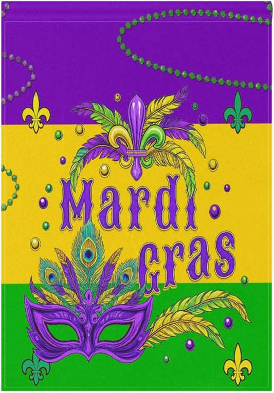 Mardi Gras Masquerade Mask House Flag 28x40 Inch Double Sided Outside Fleur de Lis New Orleans Carnival Yard Outdoor Flag Banner for Garden Lawn Patio Holiday Decorations