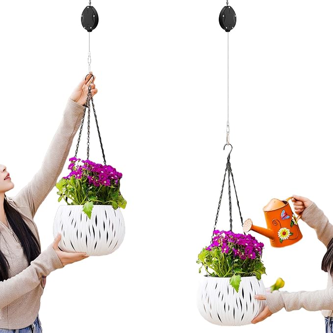 Update Retractable Plant Hanger with Pulley System - 2 Pack Adjustable 1.6M Stainless Steel Plant Hooks for Pots, Bird Feeders & Storage | 15kg/33lbs Max Load, Rustproof Indoor/Outdoor Use