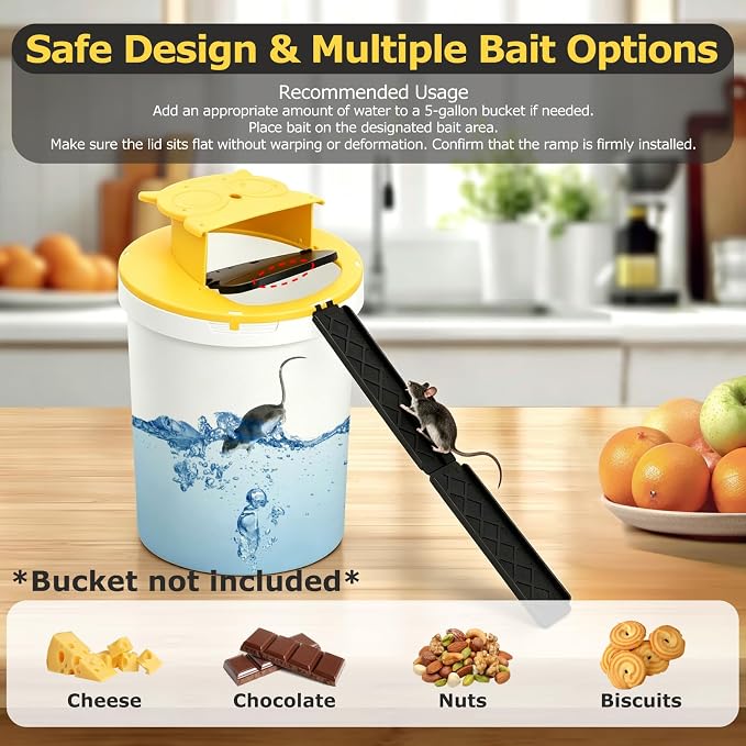 Mouse Trap Bucket,Bucket lid Mouse Trap,Upgrade Automatic Reset Flip and Slide Mouse Trap 5 Gallon Bucket Lid Mouse Rat Trap, Humane Mouse Rat Traps for Indoor Outdoor Use, Reusable Mouse Trap 4 Pack