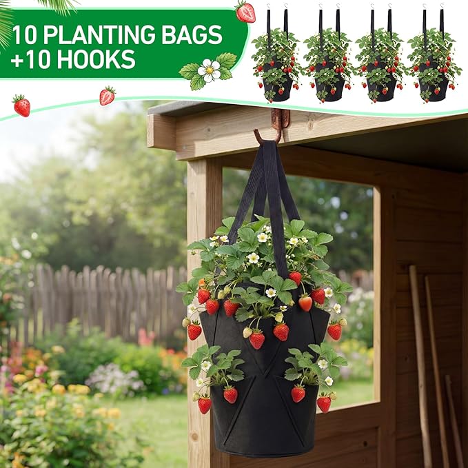 SATINIOR 10 Pack Upside Down Strawberry Planter Set Hanging Vegetables Grow Bags with 10 S Hooks, 3 Gallon Fabric Planting Bags for Easy Vertical Gardening(Black)