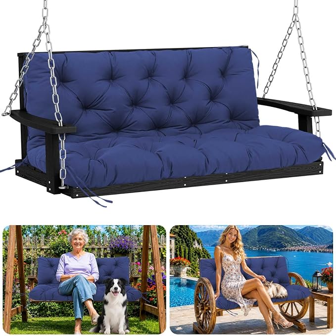 Porch Swing Cushions 70 inch Waterproof & Fade Resistant Thicken 5" Outdoor Swing Cushions 3 Seater Replacement with Backrest & Ties Patio Swing Cushions for Outdoor Furniture (Navy Blue)