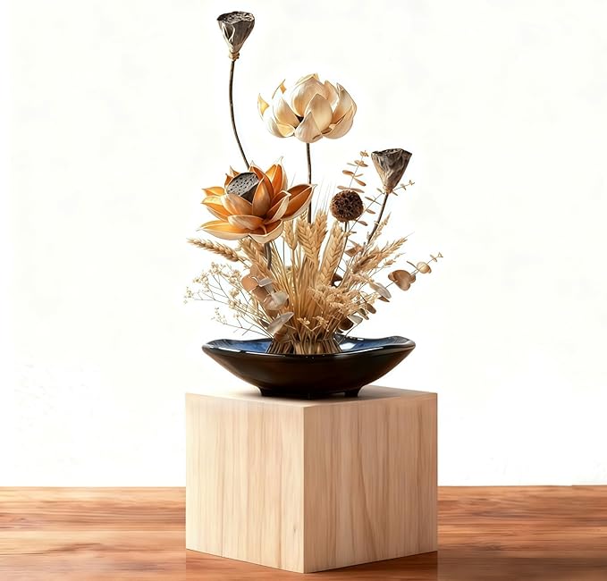 Ikebana Vase Kit - Flower Frog Bowl Set, Japanese Inspired Ceramic Vase with Metal Floral Frog, Flower Stem Holder Bowl Flower Arrangement Decoration (Blue-Small)