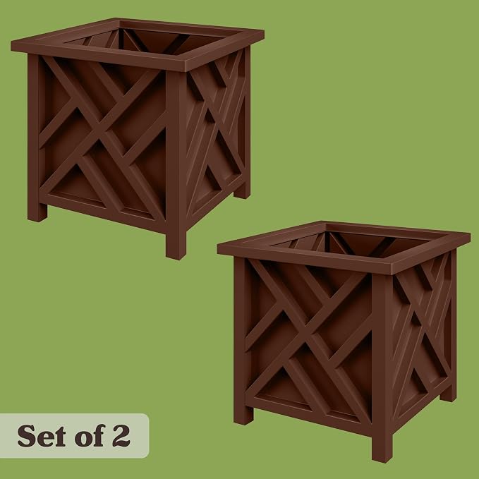 Lattice Design Outdoor Planter Box 2-Pack - 15.5” Square 16.5” Tall Brown Decorative Plant Pots for Front Porch Decor - Flower Pots Outdoor Planters for Porch Patio or Garden Decor by Pure Garden