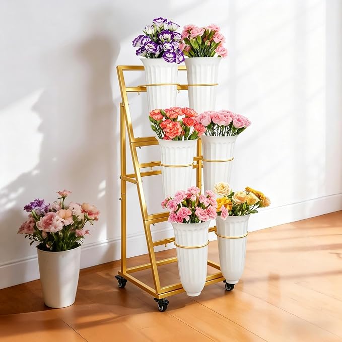 3FT Flower Display Stand with 6 Buckets,Metal Flower Bar Stand with Wheels,3 Layers Moving Florist Bouquet Shelf for Indoor Outdoor Garden,Flower Shop,Wedding,Party Decor (GOLD)