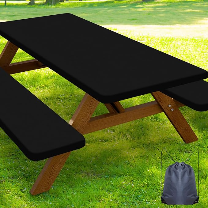 Smiry Picnic Table Cover with Bench Covers, Waterproof Elastic Fitted Polyester Tablecloths for 5 Ft Rectangle Tables, Washable Windproof Tablecloth for Camping, RV & Outdoor (Black, 30x60 Inches)