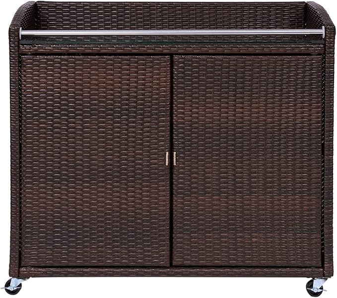 Teamson Home 39.5 in. Veronica Outdoor Rolling Bar Cart with Locking 360-degree Wheels, Weather-Resistant PE Rattan, Glass Tabletop, and 270 Gallon Storage Capacity, Brown