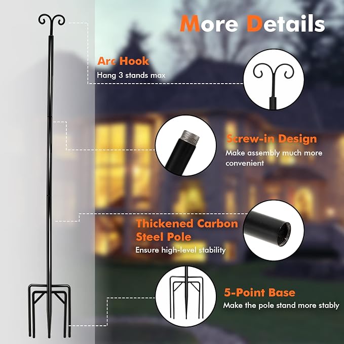 Goplus String Light Pole for Outside, 2 Pack 10ft Outdoor Metal Poles with Hooks for Hanging String Lights, Heavy Duty Garden, Backyard, Patio Light Poles Stand for Deck, Parties, Wedding