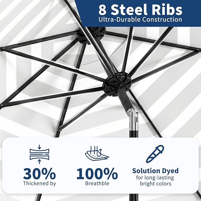 Garvee 10 ft Outdoor Patio Umbrella 8 Sturdy Ribs Outdoor Table Umbrella with Crank Lift & Push Button Tilt UV Protection Waterproof Market Umbrellas for Pool Deck Yard Garden, Black & White Stripes