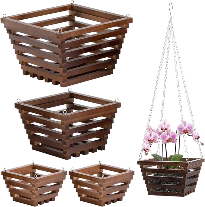 SiliFine 5 Pcs Wooden Orchid Hanging Basket with Hangers Pine Rustic Vanda Baskets Square Handmade Orchid Pots for Indoors Outdoors Garden Staghorn Ferns Mount Plants Flowers (6inch,8inch,10inch)