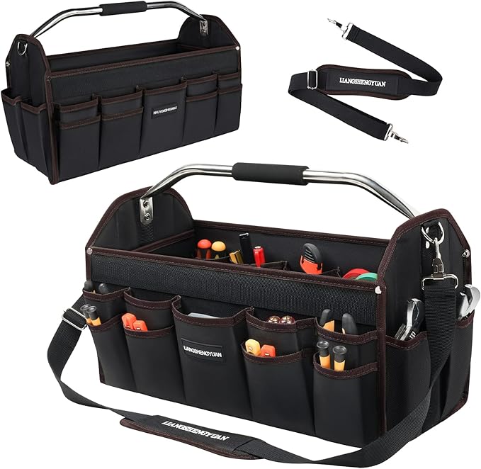 20 In Tool Carrier, Open Top Tool Tote 30 Pockets, Waterproof Tool Bag For Men, Foldable Wide Mouth Electricians Tool Bag, With Stainless Steel Handle and Removable Shoulder Strap