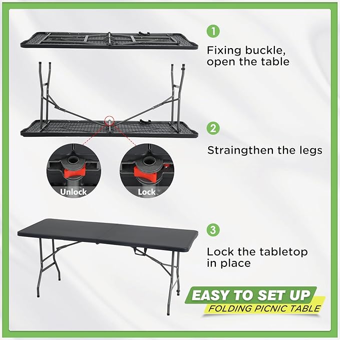 BestOffice Outdoor 6 FT Folding Camping Table Plastic Table Portable Square Height Dining Table Perfect for Picnics, Parties, Party and Camping, Black