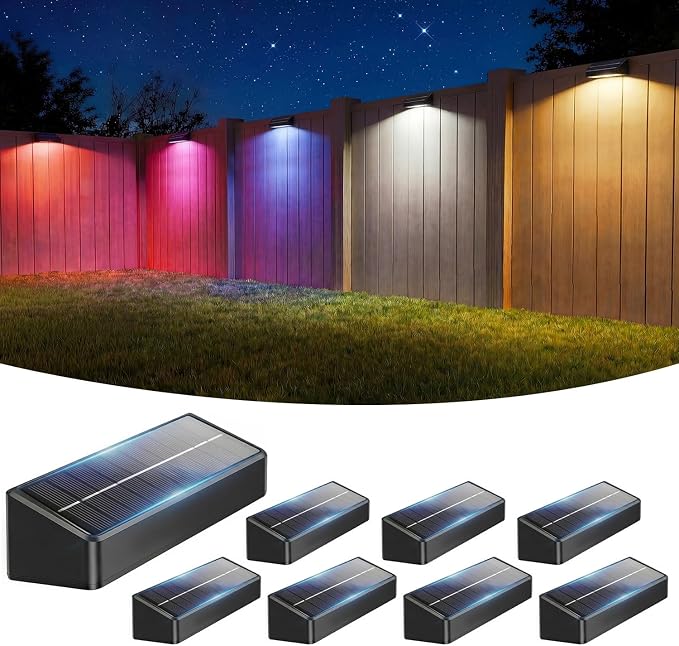 JOFIOS Fence Lights Solar Powered, 9 Fixed Colors ＆ Color Changing Solar Wall Lights Outdoor Waterproof IP65 Dusk-to-Dawn LED Deck Lighting for Patio, Railing, Pool, Porch, Backyard, Wall, 8 Pack