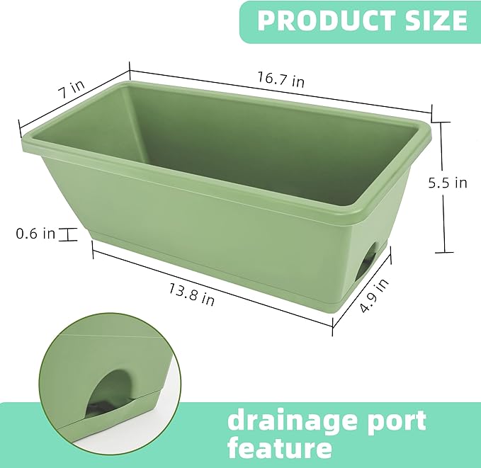 LOCONHA Window Box Planter, 7 Pack Plastic Vegetable Flower Planters Boxes 17 Inches Rectangular Flower Pots with Saucers for Indoor Outdoor Garden, Patio, Home Decor