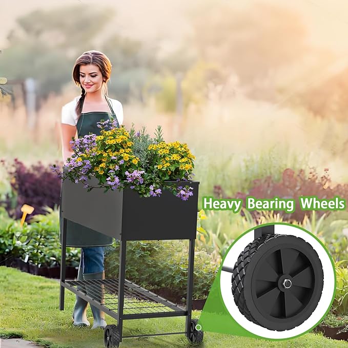 JWPEHOE 34 × 15 × 31 Inches Raised Garden Bed with Legs/Storage Shelf, Mobile Planter Box for Outdoor Plants, Elevated Garden Bed for Backyard, Balcony, Black