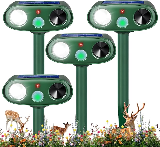 2026 4Pack Sonic Fortress Pro Deer Repellent Outdoor Solar Ultrasonic Animal Repellent with Motion Sensor&Flash Light, IP65 Waterproof Squirrel Fortress Pro Raccoon,Cat Repellent for Garden,Yard
