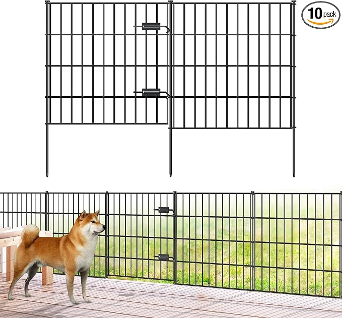 FOREHOGAR Metal Garden Fence 28in (H) x 23.3ft (L), 1 Gate + 9 Panels Dog Fence Border Fences Animal Barrier, No Dig Garden Fencing for Yard Flower Bed Lawn Patio Outdoor, PIN282810G Black