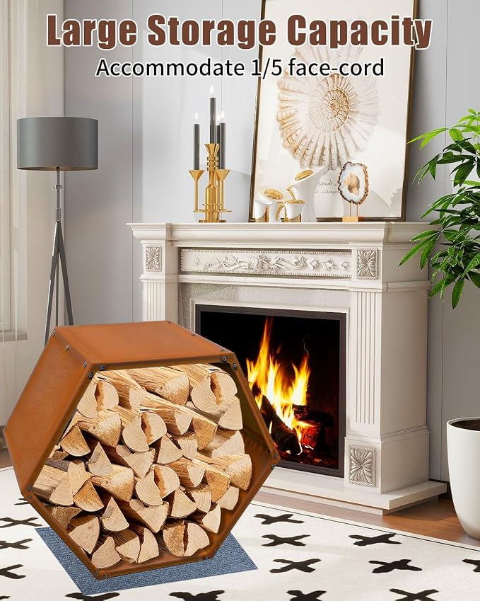 Firewood Log Rack Heavy-Duty, Corten Steel Firewood Rack with Hexagon Design, Fire Log Stacker for Wood Storage, Wood Holder for Outdoor Indoor
