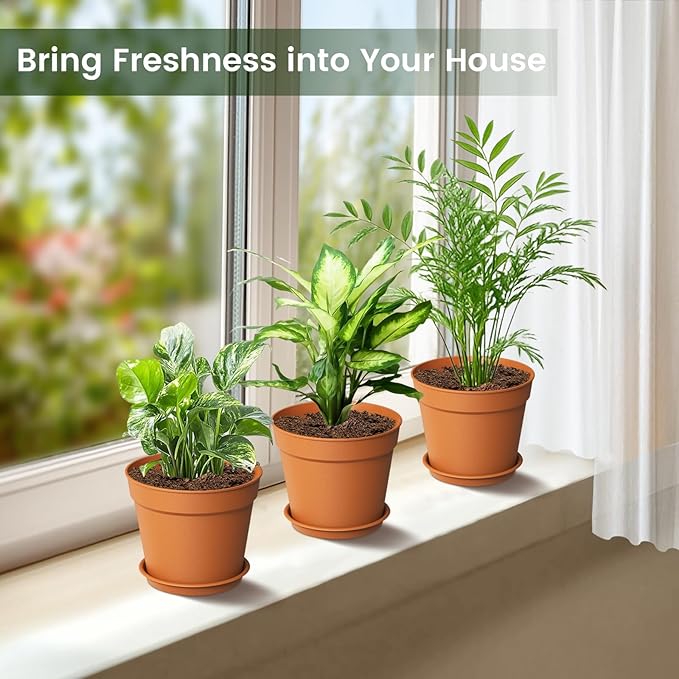 SwinDuck 20 Pack 6 Inch Plant Pots with Drainage and Saucers, Plastic Flower Pots for Indoor and Outdoor Plants, Stackable Nursery Planters for Houseplants and Herbs, Terracotta