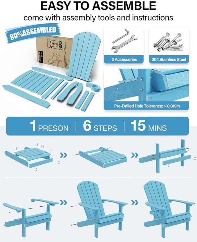 YEFU Adirondack Chairs Set of 4: Outdoor Chair HIPS Plastic Adirondack Chairs - Patio Chairs with Cup Holder & Wood Texture - Lawn Fire Pit Deck Porch Garden Chairs for Adults (Blue)