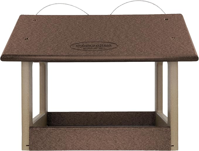 DutchCrafters Amish USA Made Recycled Plastic Large Hanging Modern Fly Through Covered Roof Open Platform Tray Bird Feeder for Outdoors, Garden, Yard (Tudor Brown & Weatherwood)
