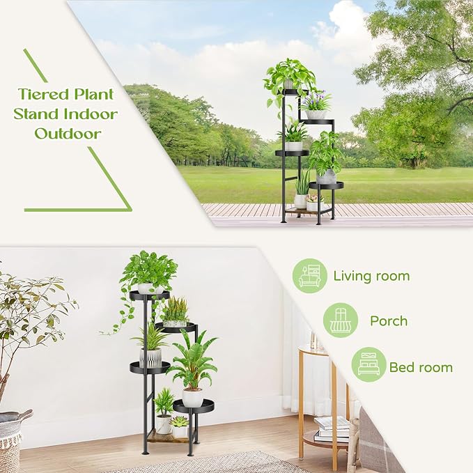 Oppro Plant Stand Indoor Outdoor, 5 Tier Metal Flower Pot Shelf Holder Clearance, Tall Corner Rack for Multiple Plants, Modern Organizer Display for Patio Orchid Office Porch Living Room Garden, Black