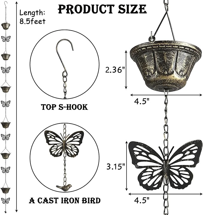 8.5FT Rain Chains for Gutters Downspouts, Butterfly and Cup Rain Gutter Chain, Functional and Decorative Replacement Rainchains for Downspout, Metal Rain Catcher Chimes for Outside, Vintage Copper