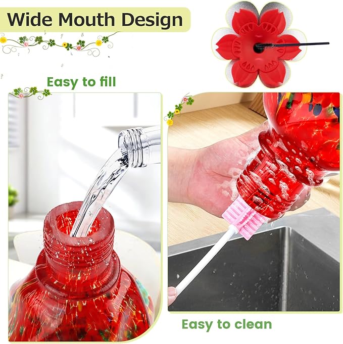 Hummingbird Feeder for Outdoors with Ant Moat, Hummingbird Feeder, Hand Blown Glass, 4 Bee Guard Feeding Ports with Perch, Outdoor Garden Décor, 16OZ, Red, Gifts for Mom Wife Dad Men Women