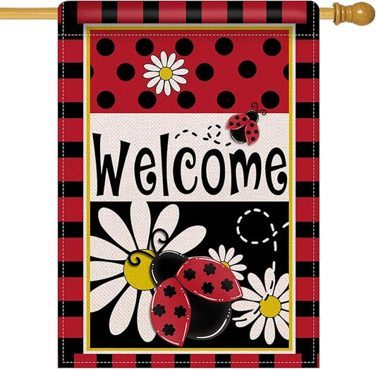 Artofy Welcome Spring Summer Ladybug Daisy Flower Large Decorative House Flag, Red Black Polka Dots Yard Garden Outside Decor, Seasonal Burlap Outdoor Home Decoration Double Sided 28 x 40