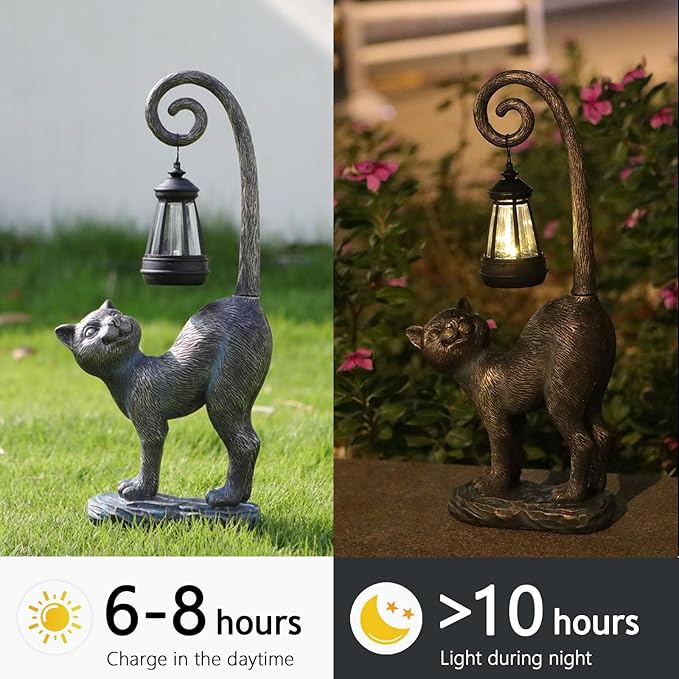 Fathers Day Decorations Gifts Outdoor Cat Garden Statues with Solar Lights, Home Decor Cat Figurines for Lawn,Patio,Balcony,Porch,Yard Art Ornament- Birthday Gifts for Women Grandma Sister