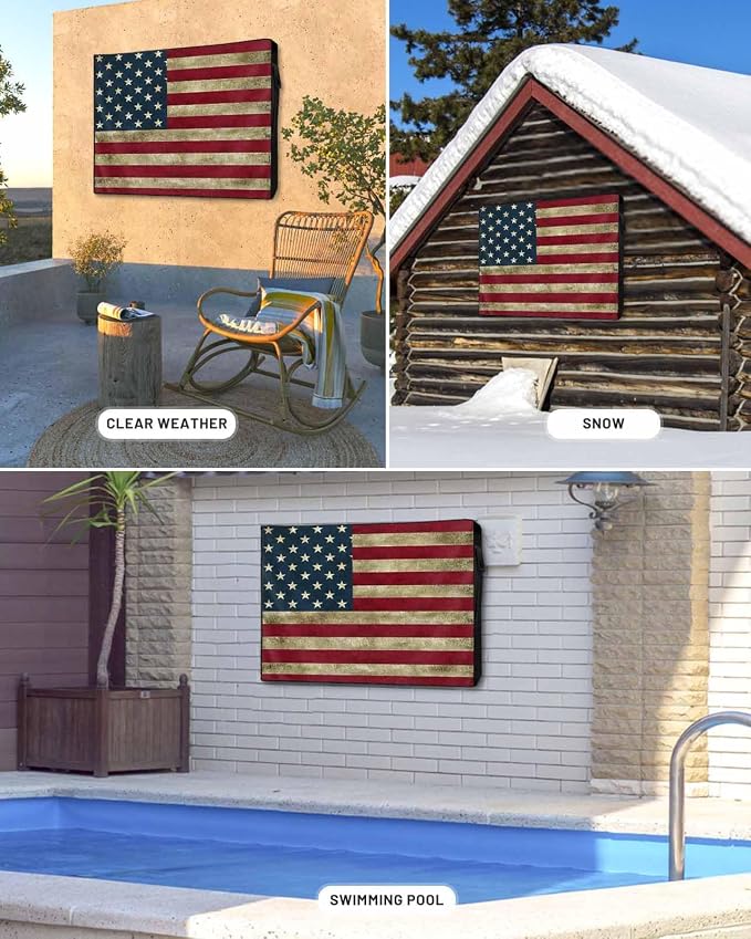 American Flag Outdoor TV Cover 30 to 32 Inch Weatherproof, Vintage Red Stripes 600D Oxford TV Covers with Waterproof Zipper, USA Flag Outside Flat TV Screen Protector Size 30"W x 19"H x 4.5"D