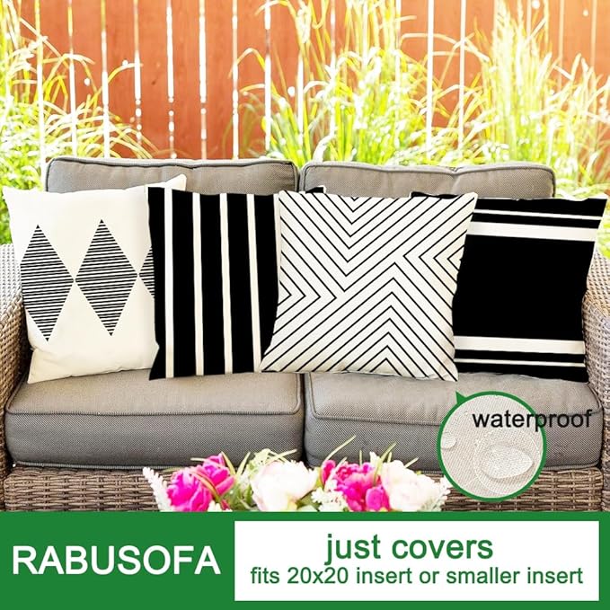 RABUSOFA Outdoor Pillows Waterproof,20x20 inch Black and White Boho Set of 4 for Patio Furniture,Sunbrella Outdoor Pillow Covers for Couch(no Insert)