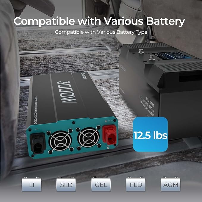 Renogy Inverter P2 3000 watt Pure Sine Wave Inverter, Solar Car Power Inverter 12V to 120V AC Converter for RV, Truck, Camping, Home Backup, Outdoor, Emergency, Off-Grid Living, 16.4FT Remote Control