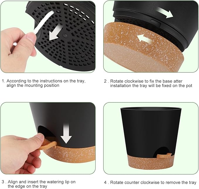 YNNICO Indoor Self Watering Planters with Drainage Holes and Saucers, 8, 7, 6.5, 6, 5.5, 5 Inches, Black, 6 Pots
