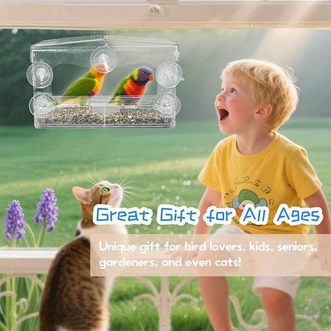 Clear Window Bird Feeder with 5 Extra Strong Suction Cups, Acrylic Wildlife Seed Feeder， as an Outdoor Transparent Bird Watching Gift, Easy-to-Clean, Garden Decor，Middle Size